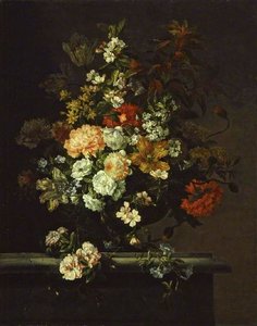Still Life Of Mixed Flowers In A Vase On A Ledge — Jean Baptiste Monnoyer, Baroque