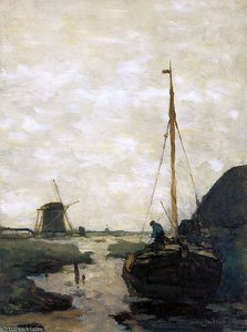 Ship In Polder Canal Sun — Jan Weissenbruch