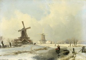 Winter Landscape With Two Windmills — Andreas Schelfhout
