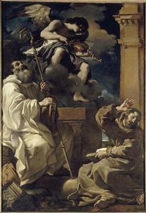 Santo Francisco En Extase Y San Benedicto Con Un Ángel Musician — Guercino