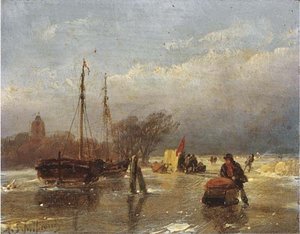 Skaters On A Frozen Waterway, A Koek En Zopie Beyond — Andreas Schelfhout