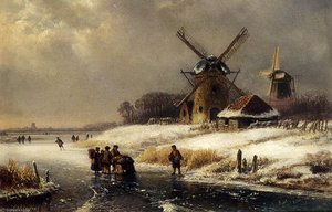 Figures On AFrozen Waterway By A Windmill