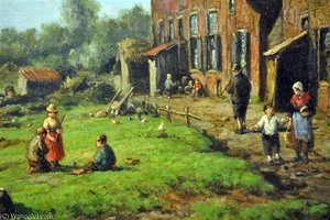 Farm Scene With Figures And Cattle