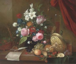 A Crucifix Paperweight, Quill, Lilies, Roses, Morning Glory, Parrot Tulips, Grapes, Plumbs, With A Tazza And Some Glasses, On A Stone Ledge — Thomas George Webster