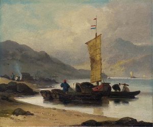 A Junk And Tanka Boats By The Shore, Macao — George Chinnery
