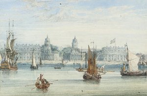 A Frigate, An Excursion Steamer And Barges On The Thames Before Greenwich Hospital — Samuel Owen