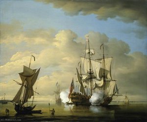 A Man-of-war Firing A Gun At Sundown — Peter Monamy