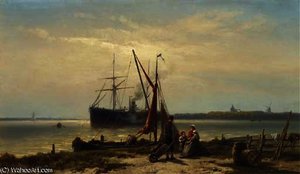 A steamship anchored in a river