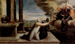 Saint Catherine Of Siena Receiving The Stigmata Between Saints Benedict And Jerome (detail) — Domenico Di Pace Beccafumi