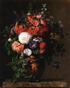 Lilies, Peonies, Violets and Roses in a Greek Figure Vase on a Marble Pedestal