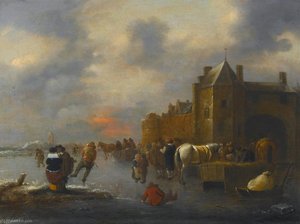 Winter landscape with skaters on a river near a walled town
