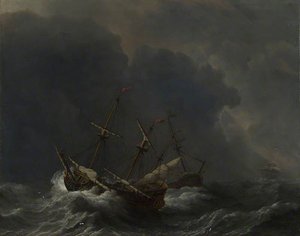 Three Ships In A Gale — Willem Van De Velde The Elder