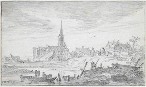 Village With Partly Ruined Church; Dinghy In Foreground — Jan Josephszoon Van Goyen