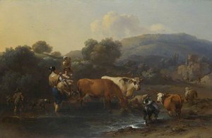Peasants With Cattle Fording A Stream — Nicolaes Pietersz Berchem, Baroque Landscape