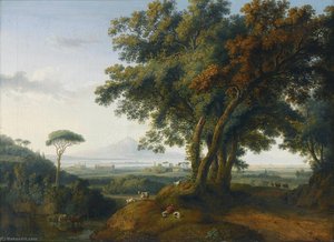 An italian capriccio veduta, with a greek temple near a shoreline, and a distant volcano