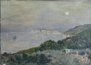 Varengeville. Les falaises, temps gris Varengeville. Les falaises, lever de soleil (Hypothétique si cela se rapporte à la tache accidentelle en haut à droite.)