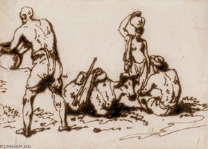 Indian Figures With A Recumbent Brahmin Bull — George Chinnery