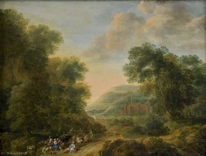 Satyrs and farmers on a village road