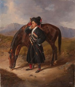 A boy with a horse (Caucasian Thurlo) (?)