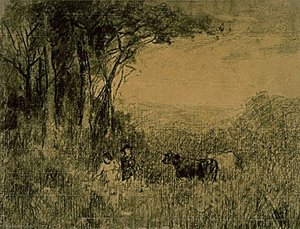Landscape With Cows And Figures Moving Through Pasture — Edward Mitchell Bannister