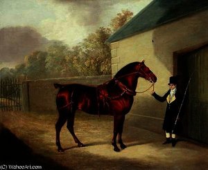 A Carriage Horse and a Groom at a Stable