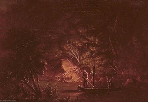 Ojibwe Spearing Salmon By Torchlight — George Catlin