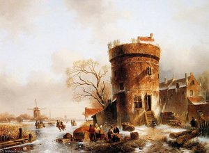 Winter Scene With Round Tower Sun — Charles Henri Joseph Leickert