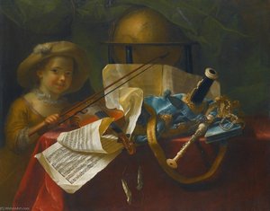 A still life of pipes, a globe, an engraved musical score of a French overture and a violin on a table draped with a red cloth, a young girl looking on