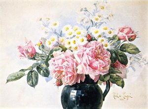 Pink Roses And Field Flowers — Raoul De Longpre