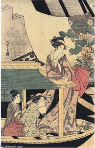 The Left-hand Sheet Of A Pentaptych Showing Two Young Girls And A Young Man In A Pleasure Boat