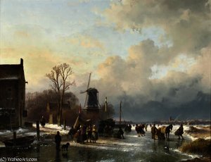 An extensive winter landscape with numerous villagers on the ice