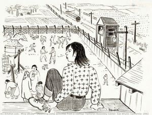 Observing Camp Activities From A Rooftop, Tanforan Assembly Center, San Bruno, California, 1942 — Miné Okubo