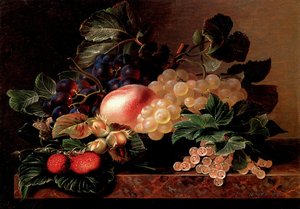 Grapes, Strawberries, A Peach, Hazelnuts And Berries In A Bowl On A Marble Ledge — Johan Laurentz Jensen