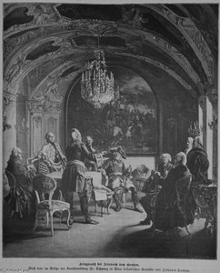 Druck Des Gemäldes Kriegsrath Bei Friedrich Dem Großen Aus Der Gartenlaube — Johann Hamza