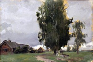 English Trees In A Village Deutsch Bäume In Einem Dorf Русский Деревья В Деревне — Boris Mikhailovich Kustodiev, Russian Realism