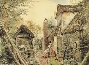 A Woman Sewing In A Cottage Garden, Edgware — William Henry Hunt