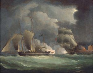 A British Man-o'war Engaging A Pirate Lugger Off The Coast — Thomas Buttersworth