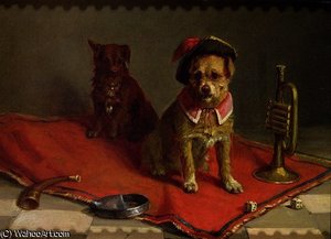 Dog In Military Hat And Collar With Trumpet And Dice — Charles Van Den Eycken