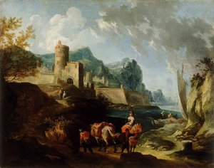 Seacoast With Travellers And A Town — Franz Ignaz Flurer