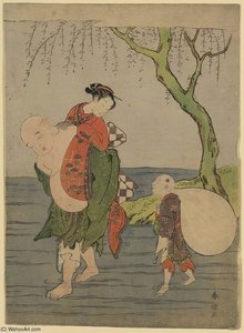 Hotei Carrying A Young Girl Piggyback — Suzuki Harunobu