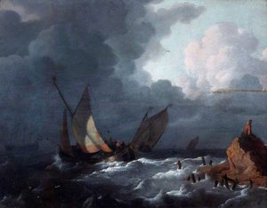 Ships Off Shore In A Stormy Sea — Ludolf Backhuysen I