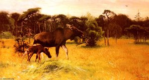Moose with her calf in a landscape