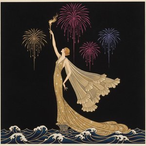 Gilded Figure Amidst Midnight Waves And Radiant Bursts — Valentin Laurent De Courcey