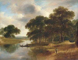 A Wooded River Landscape With A Figure On A Path In The Foreground And Figures In Boats On The River Beyond — James Arthur O Connor