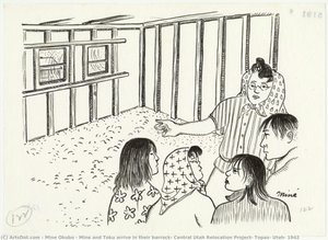 Mine And Toku Arrive In Their Barrack, Central Utah Relocation Project, Topaz, Utah, 1942 — Miné Okubo, Realist Illustration
