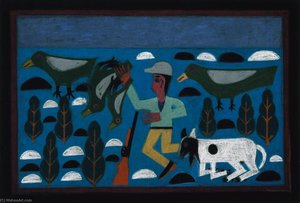 Hunter With Dog And Four Birds — Eddie Arning