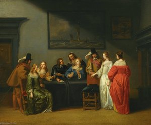 interior with figures playing cards
