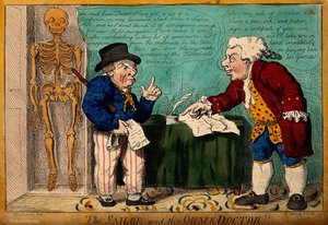 A sailor with a bandaged eye consulting a quack doctor.