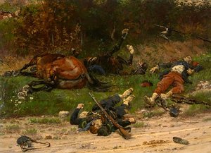 Chasseur à pied, lignard et chevaux tués
