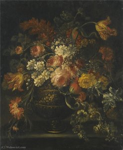 Still life of roses, parrot tulips and other flowers in a brass urn upon a ledge